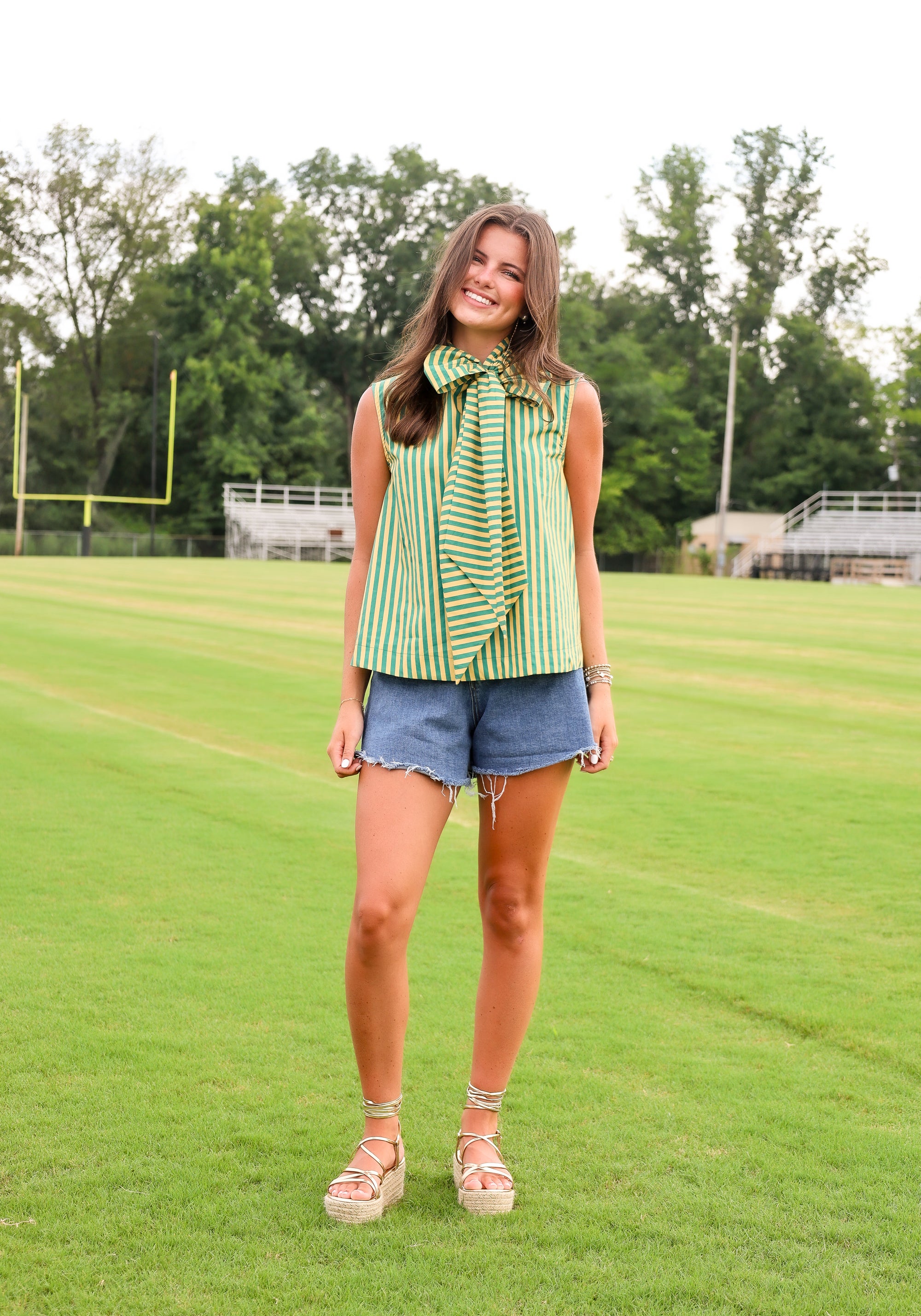 Tie Neck Sleeveless Stripe Top - Green