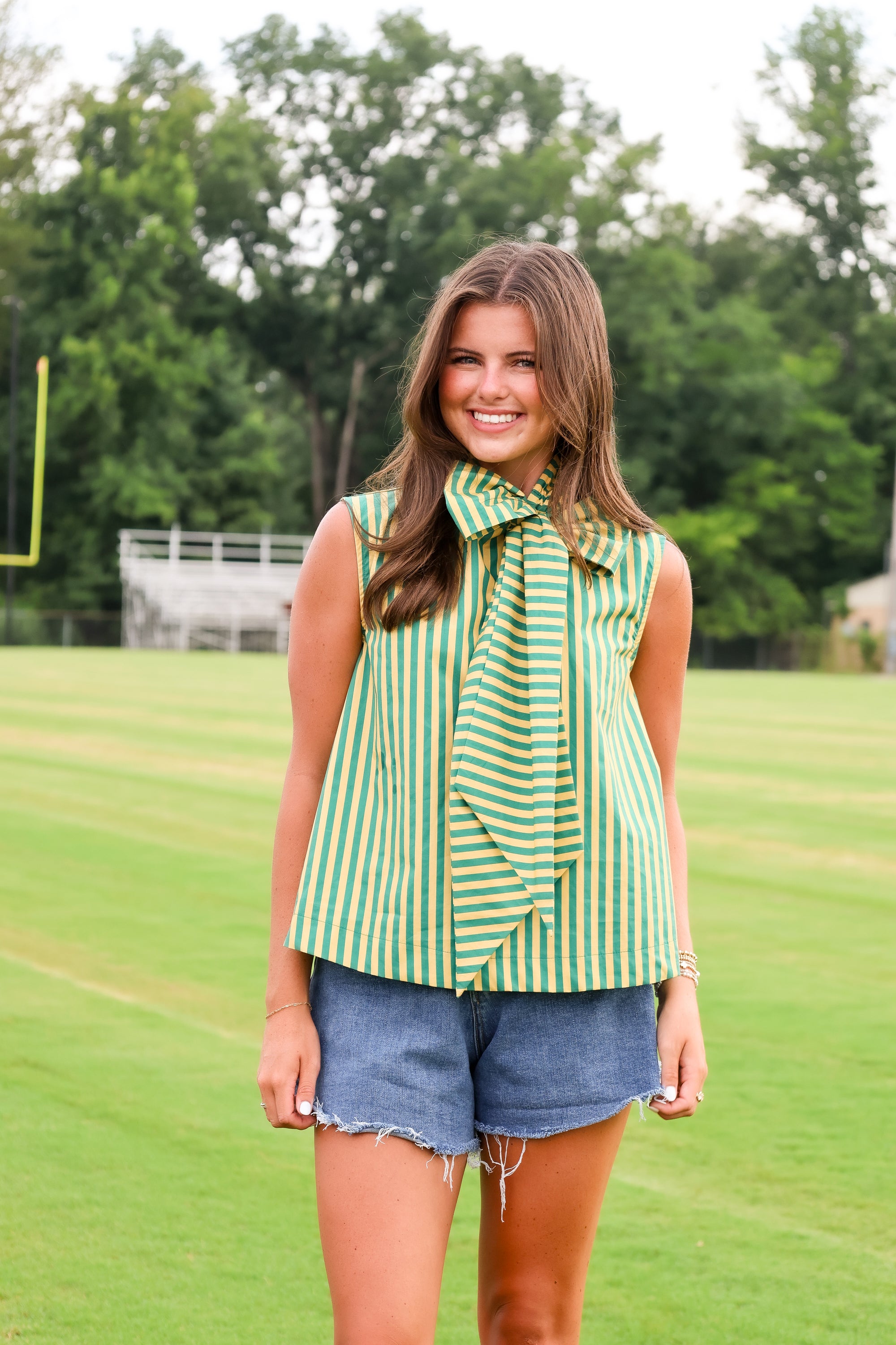 Tie Neck Sleeveless Stripe Top - Green