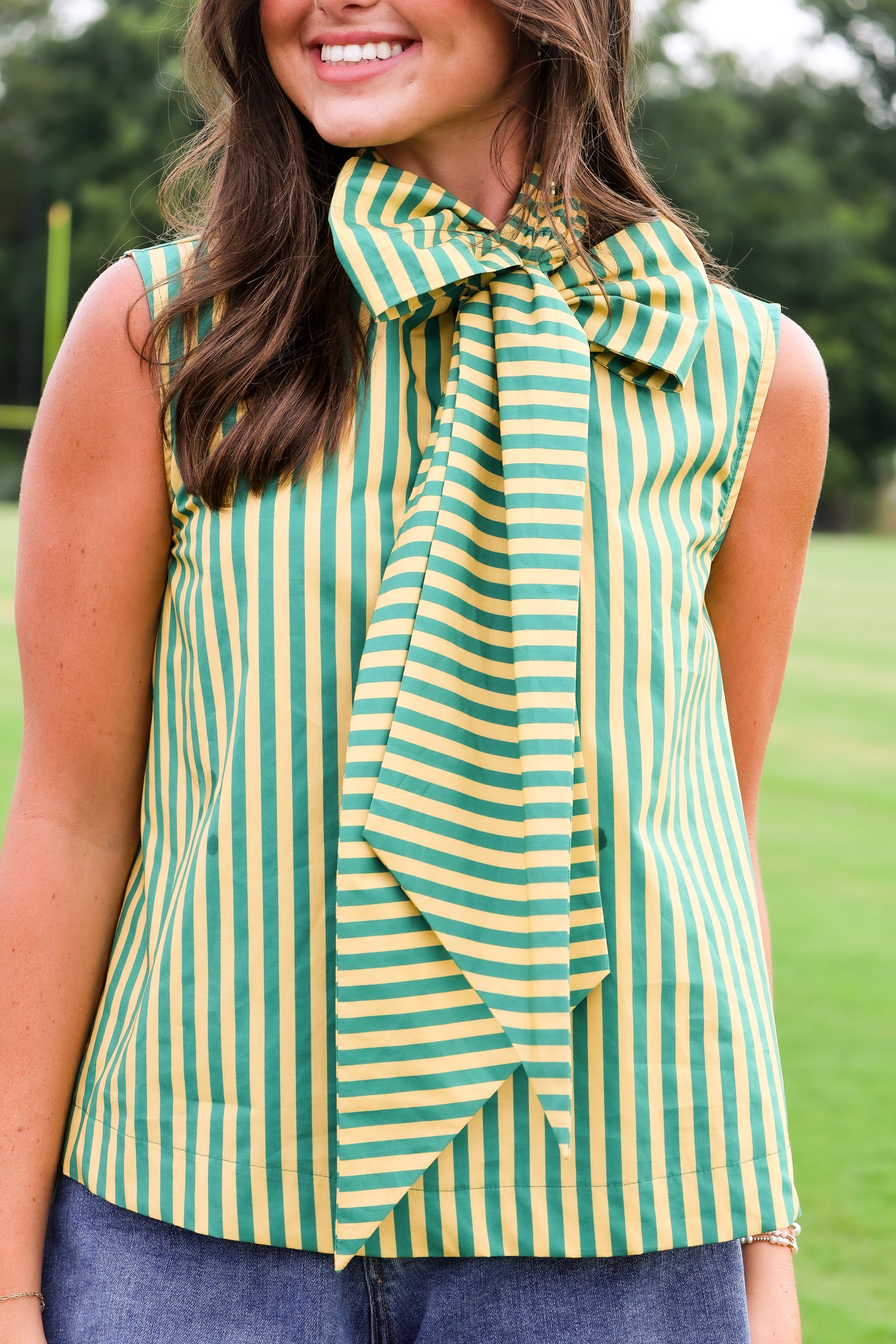 Tie Neck Sleeveless Stripe Top - Green
