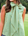 Tie Neck Sleeveless Stripe Top - Green