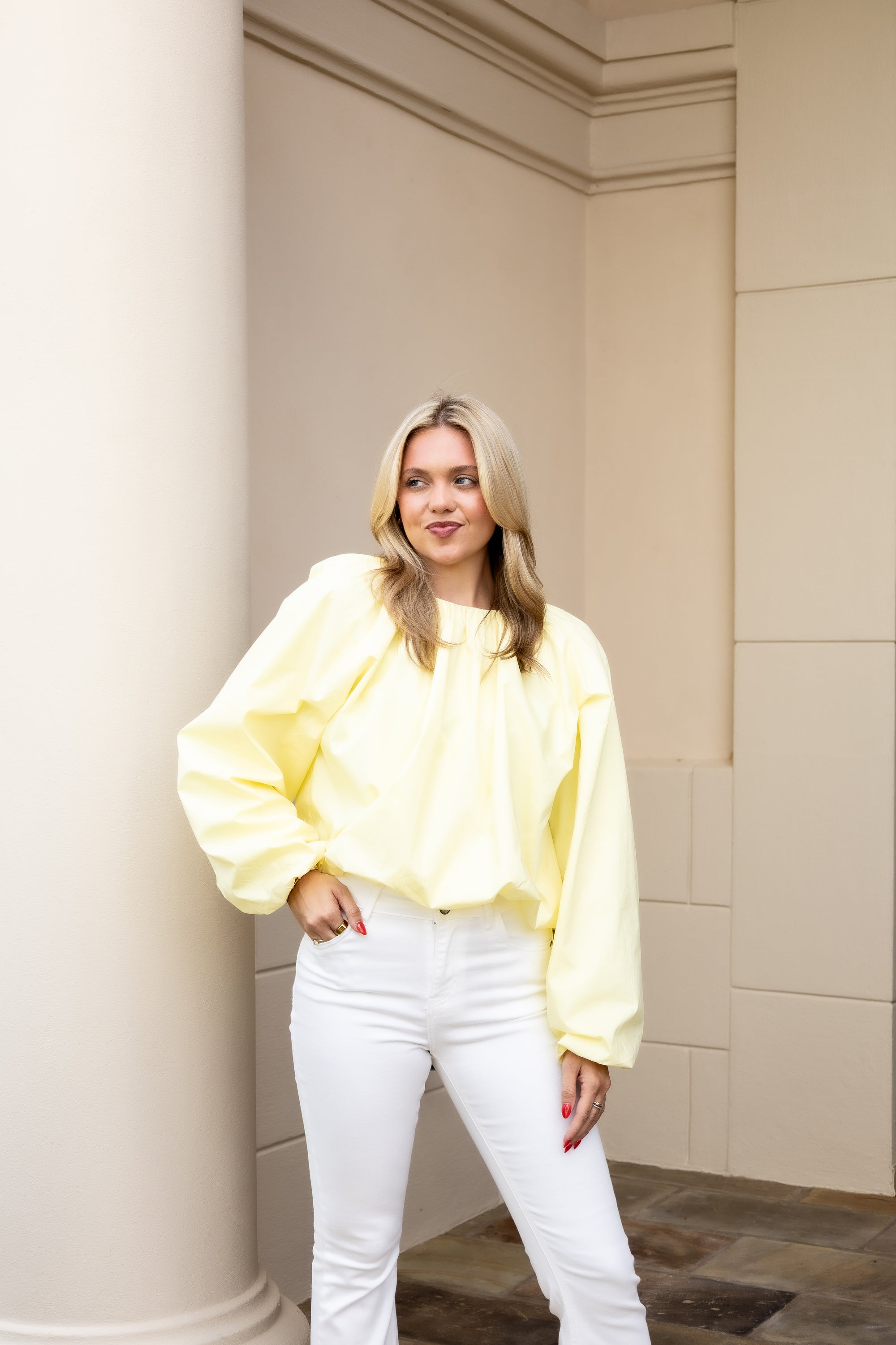 Long Sleeve Gathered Blouse - Lemon