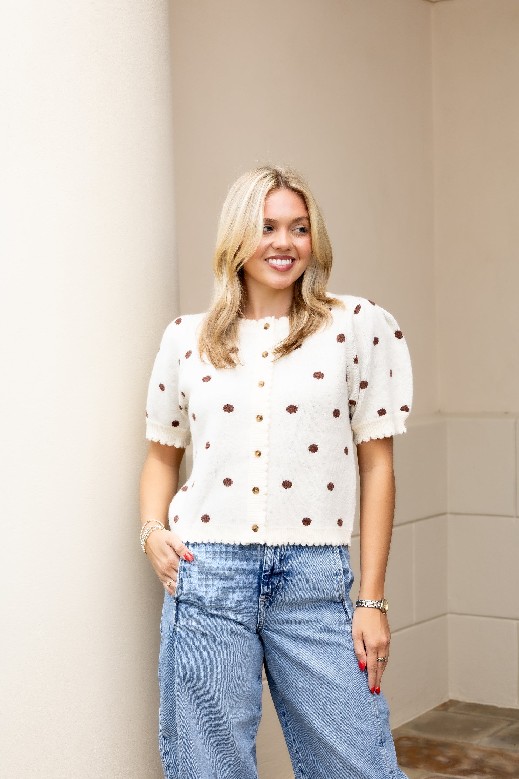 Polka Dot Short-Sleeve Sweater - Ecru