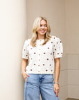 Polka Dot Short-Sleeve Sweater - Ecru