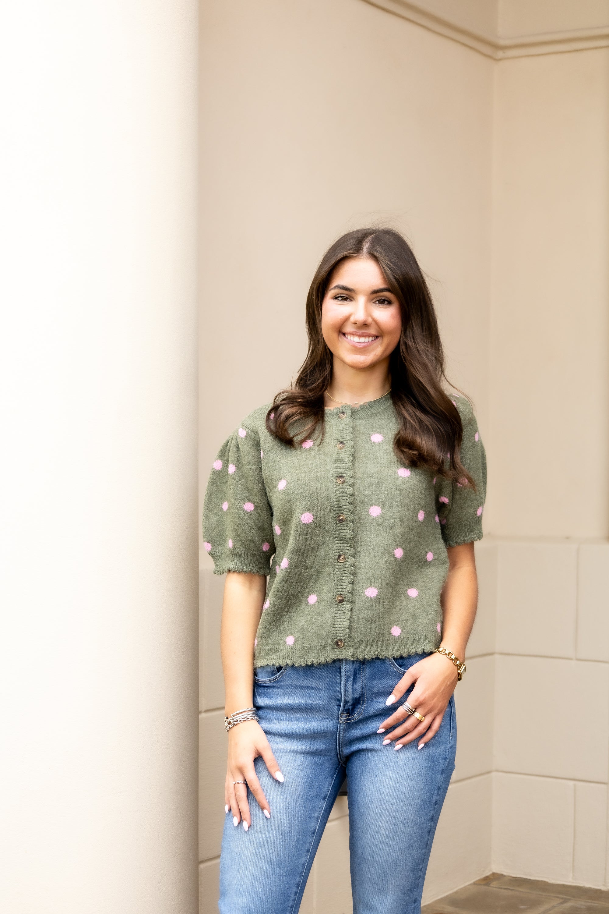 Polka Dot Short-Sleeve Sweater - Olive