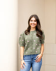 Polka Dot Short-Sleeve Sweater - Olive