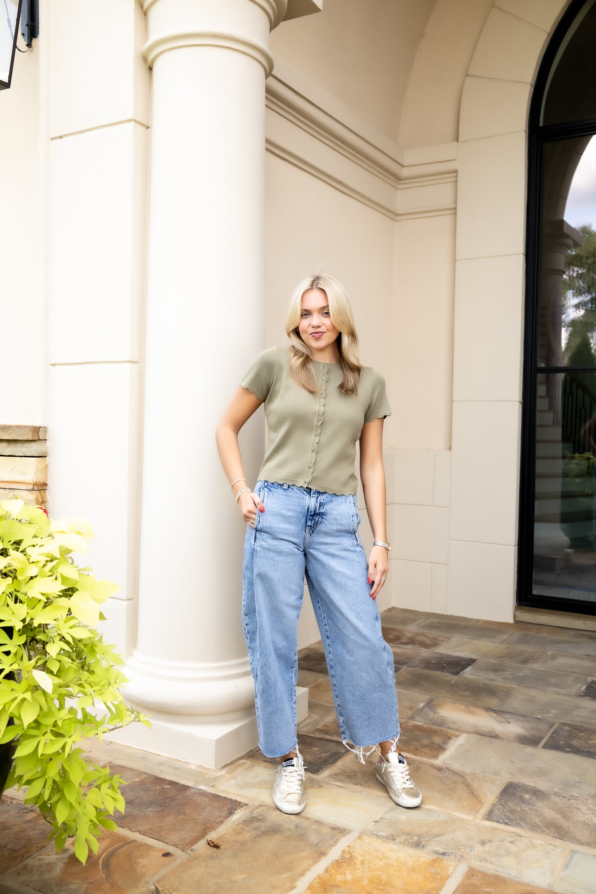 Scalloped Short Sleeve Cardigan - Olive