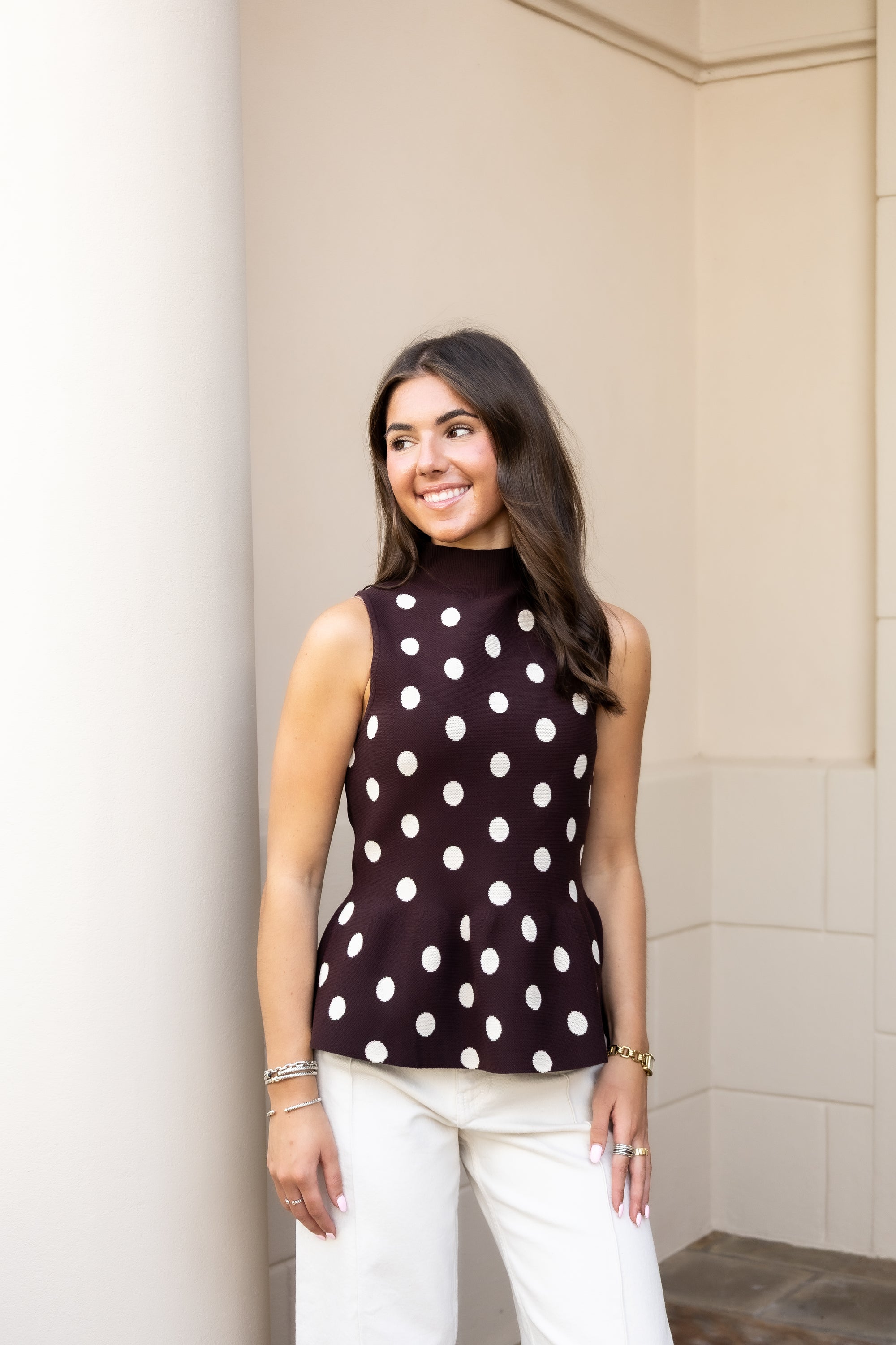Polka Dot Peplum Top - Brown