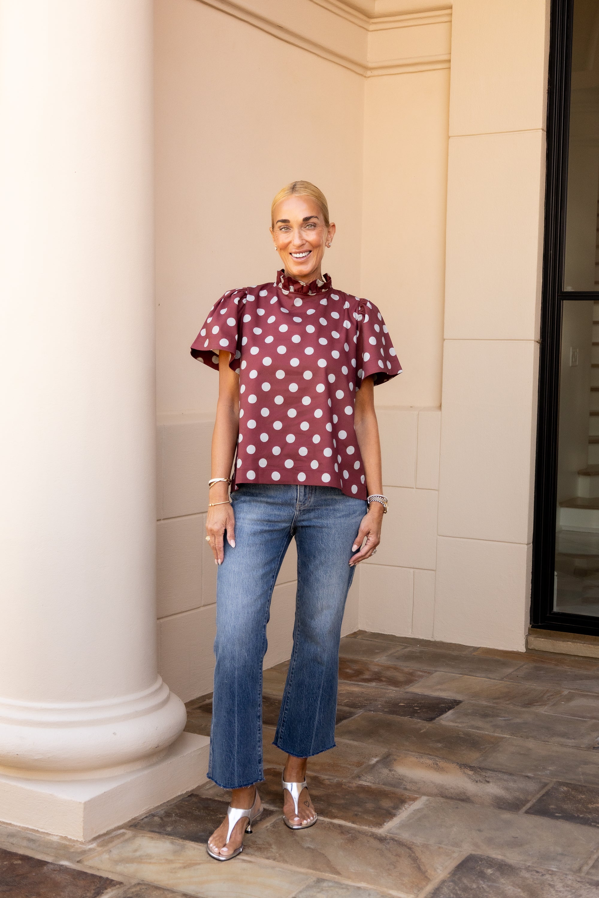 Polka Dot Ruffle Top - Burgundy