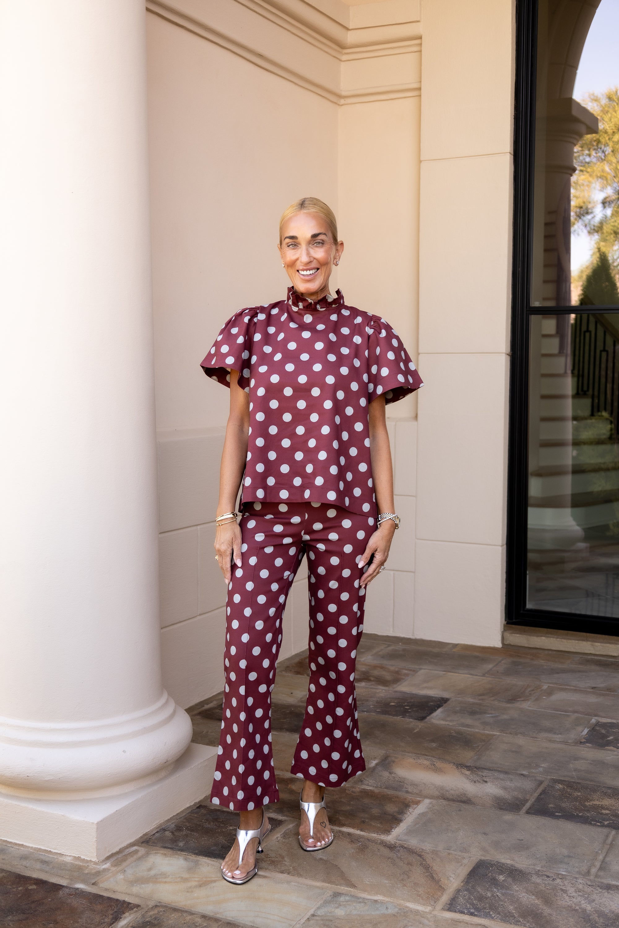 Polka Dot Ruffle Top - Burgundy