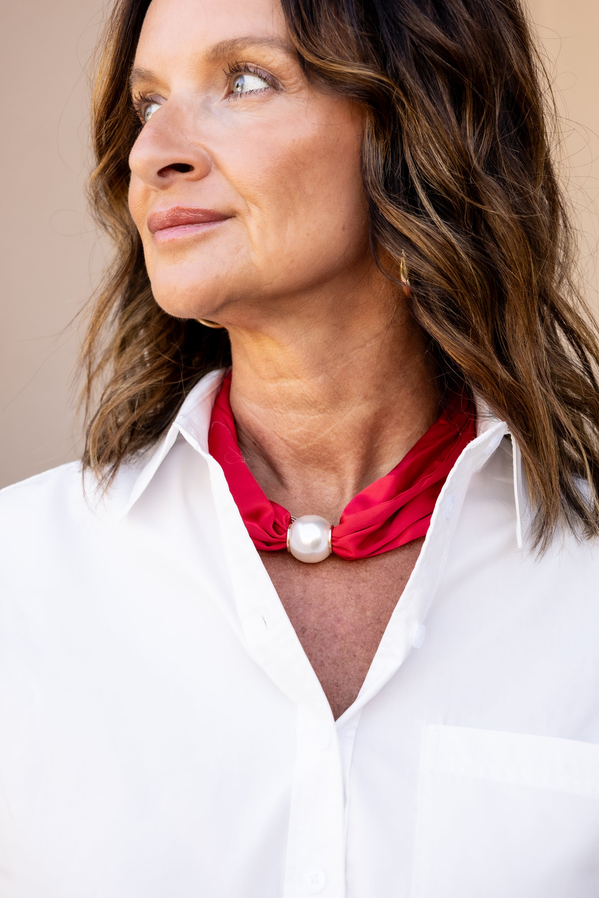 Red Scarf Necklace With Pearl