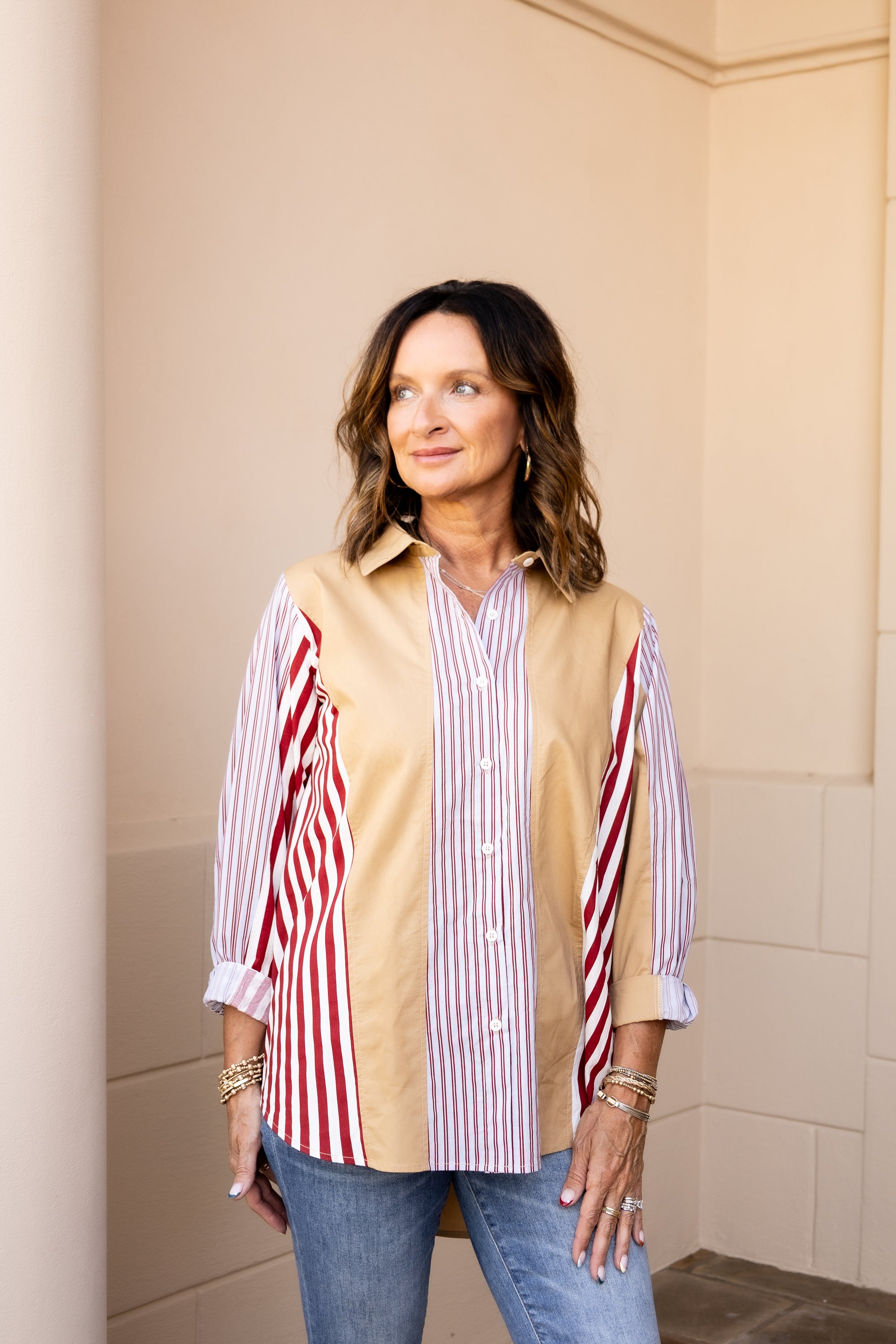 Color Block Stripe Button Down Shirt