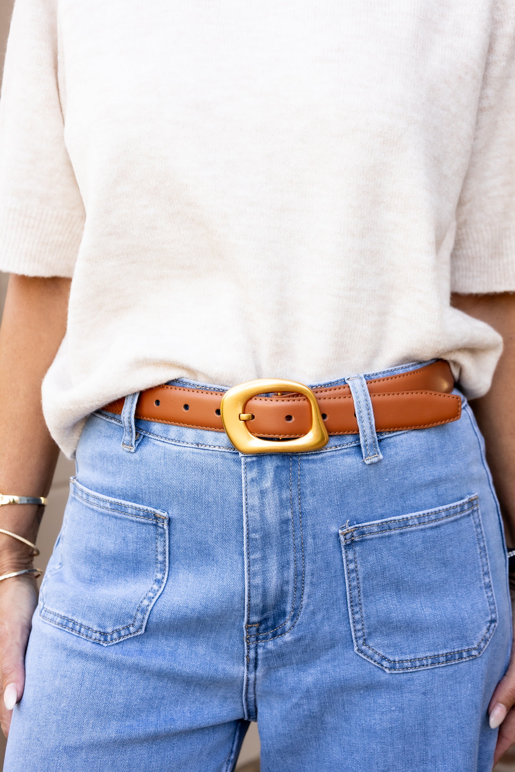 Stitched Leather Belt with Asymmetrical Buckle