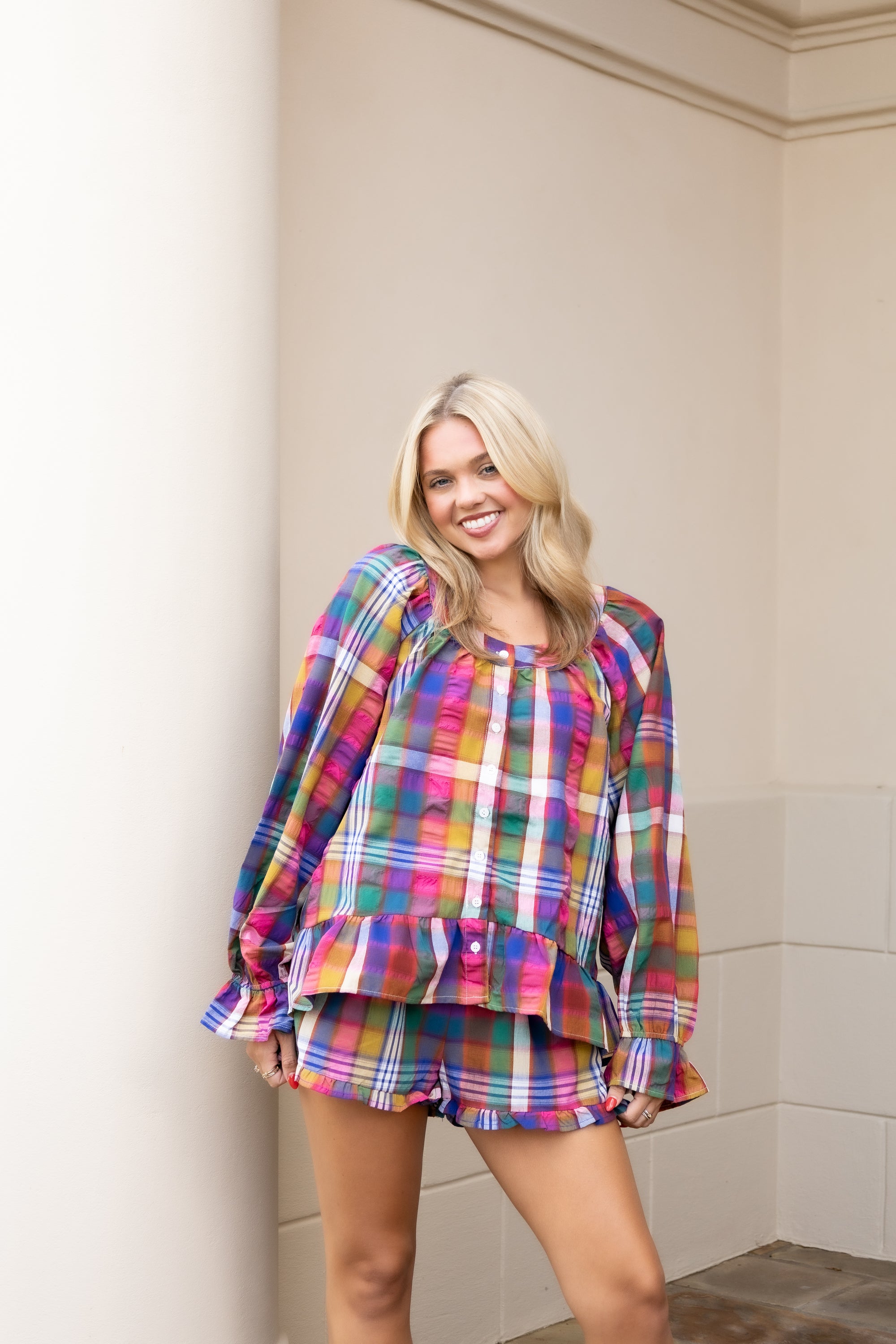 Multi Color Plaid Short Set