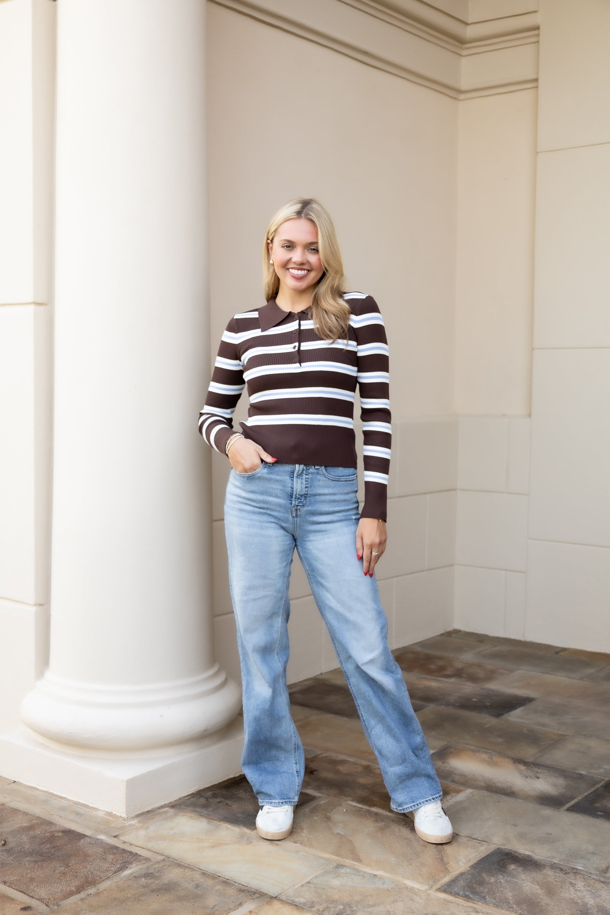 Long Sleeve Polo Sweater - Brown