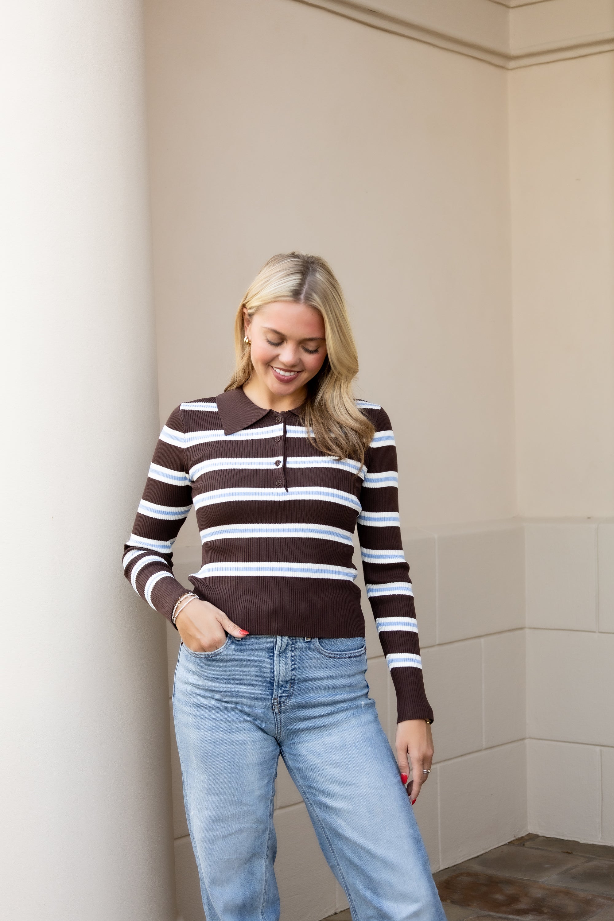 Long Sleeve Polo Sweater - Brown