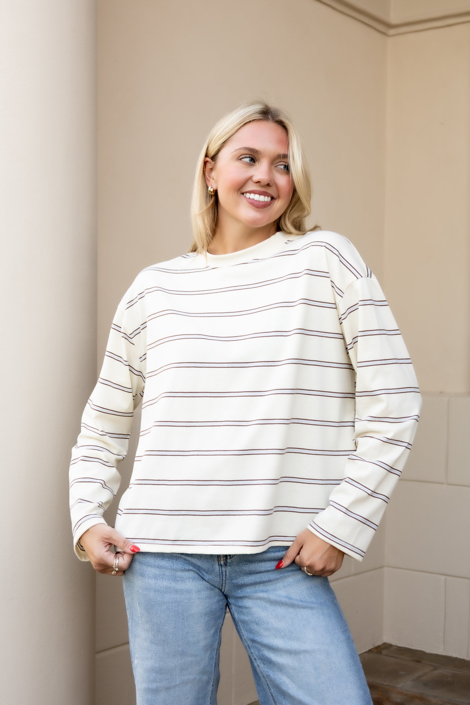 Stripe Long Sleeve Boyfriend Top - Butter