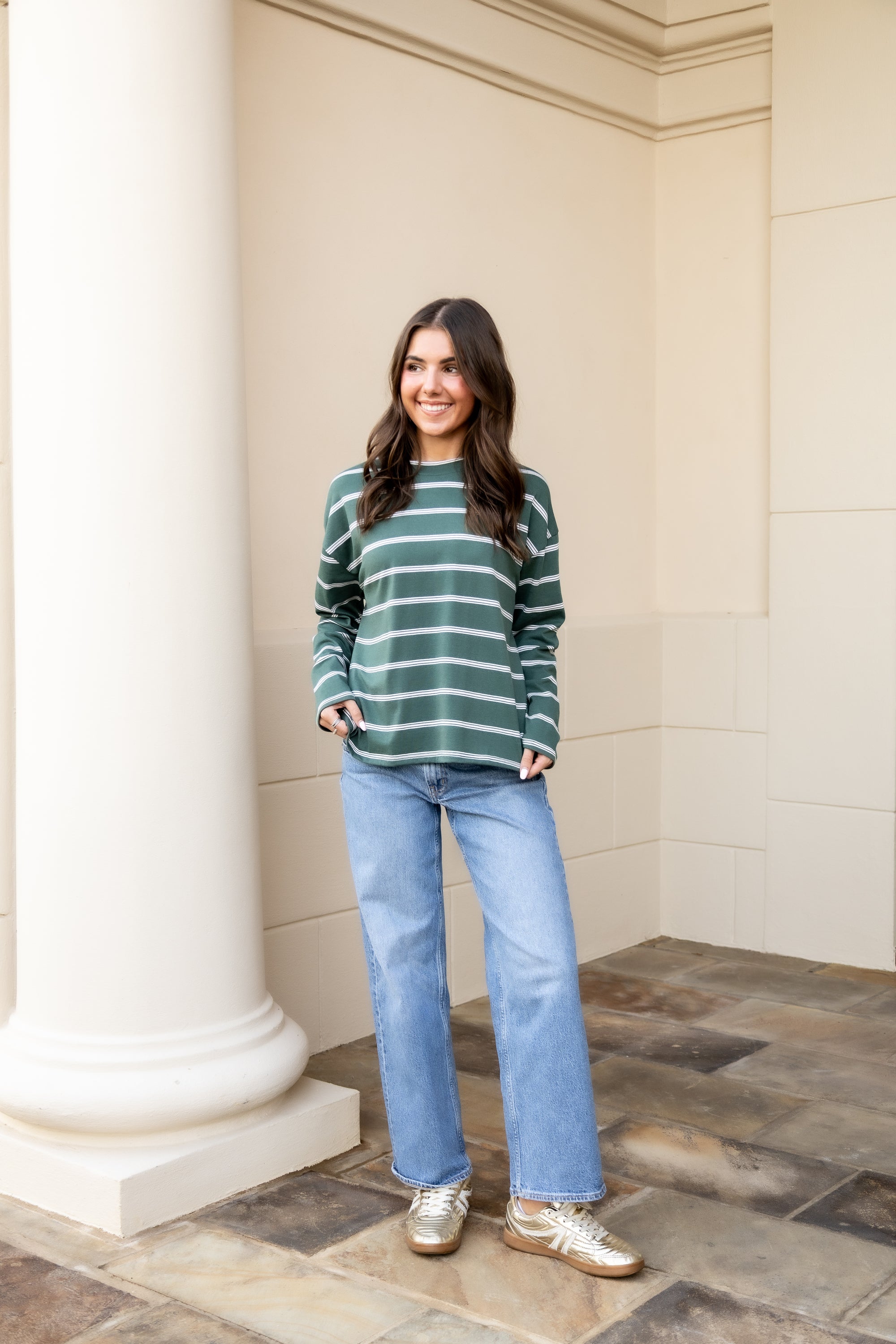Stripe Long Sleeve Boyfriend Top - Green