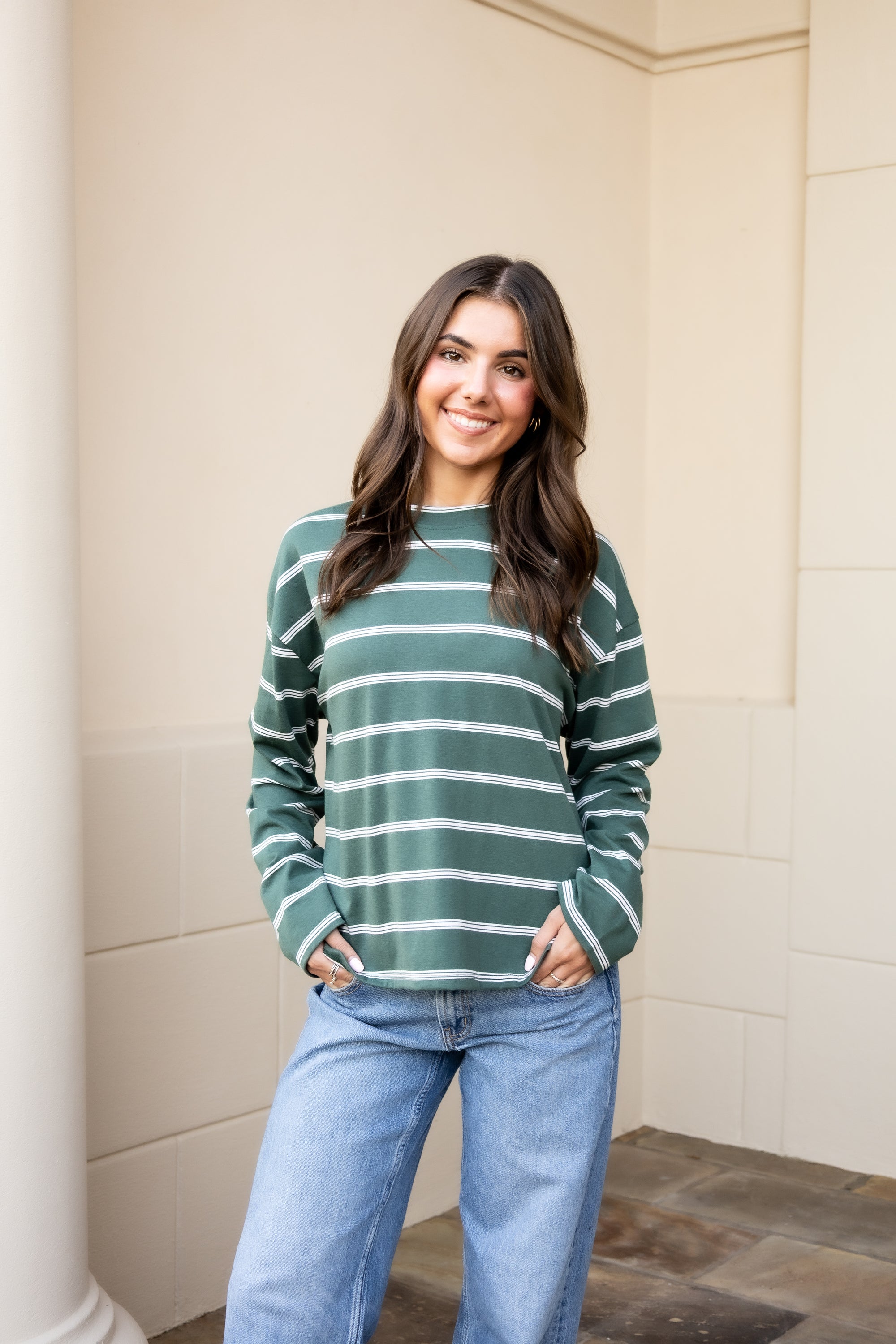 Stripe Long Sleeve Boyfriend Top - Green