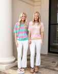 Short Sleeve Sweater - Taupe & Pink