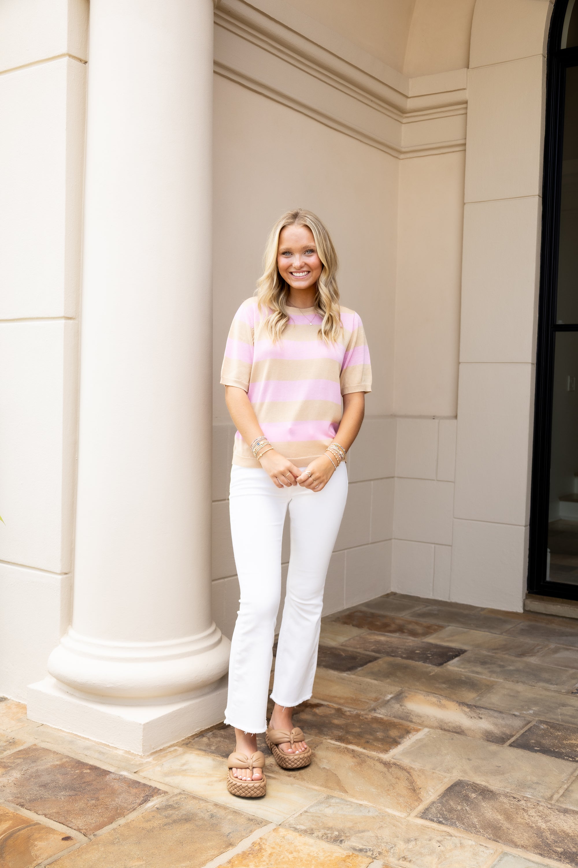 Short Sleeve Sweater - Taupe &amp; Pink
