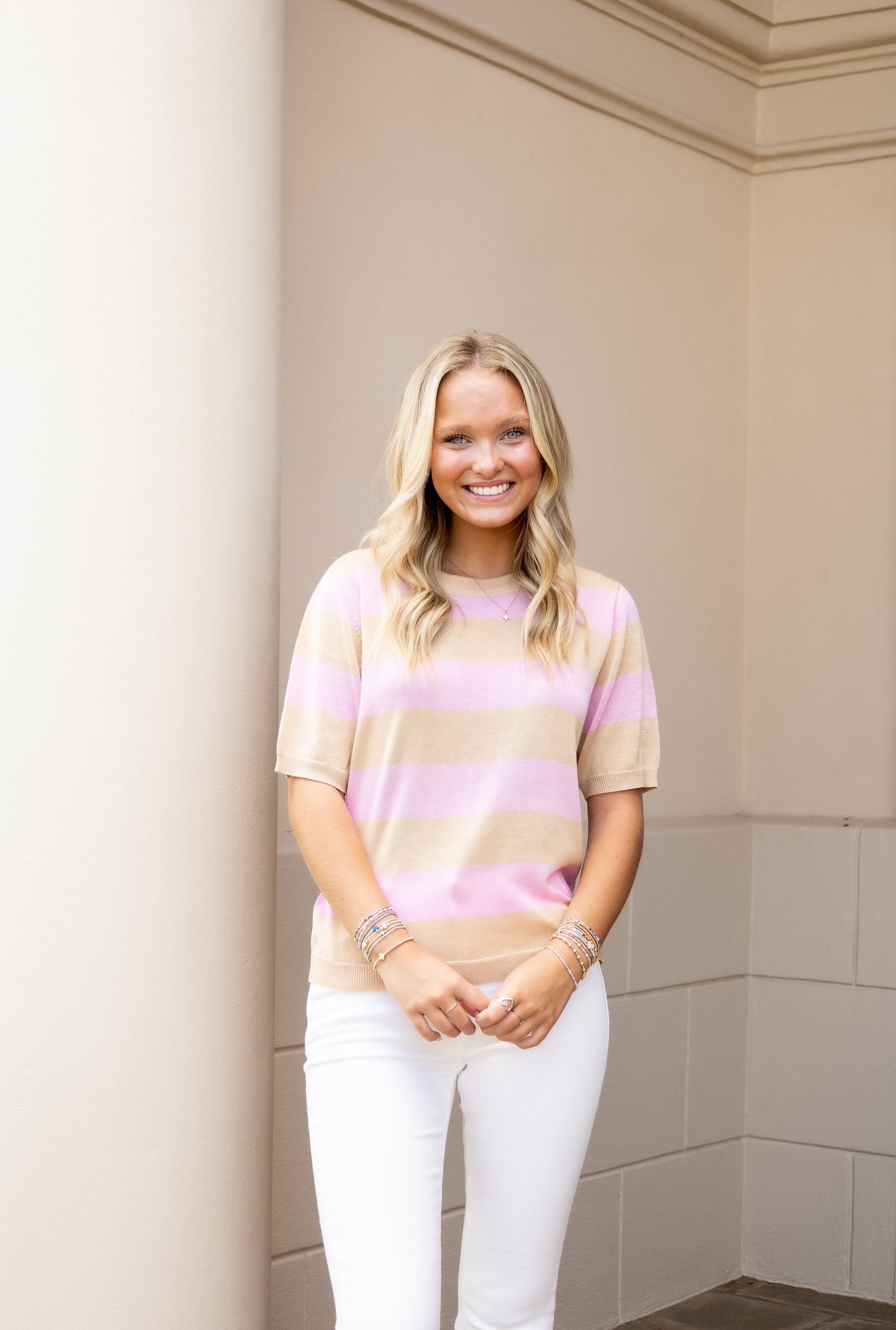 Short Sleeve Sweater - Taupe &amp; Pink