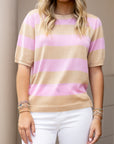 Short Sleeve Sweater - Taupe & Pink