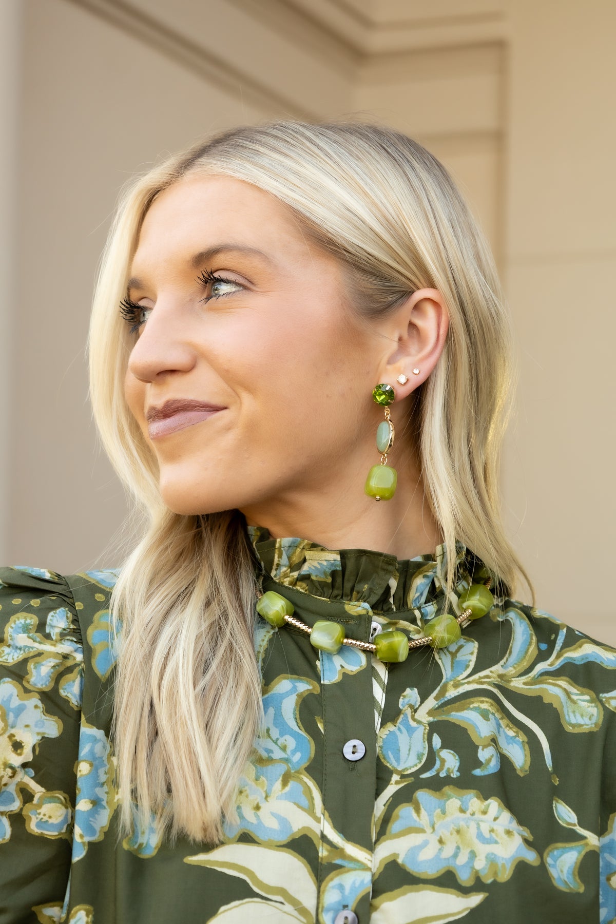 Olive 3 Drop Stone and Resin Glass Earring