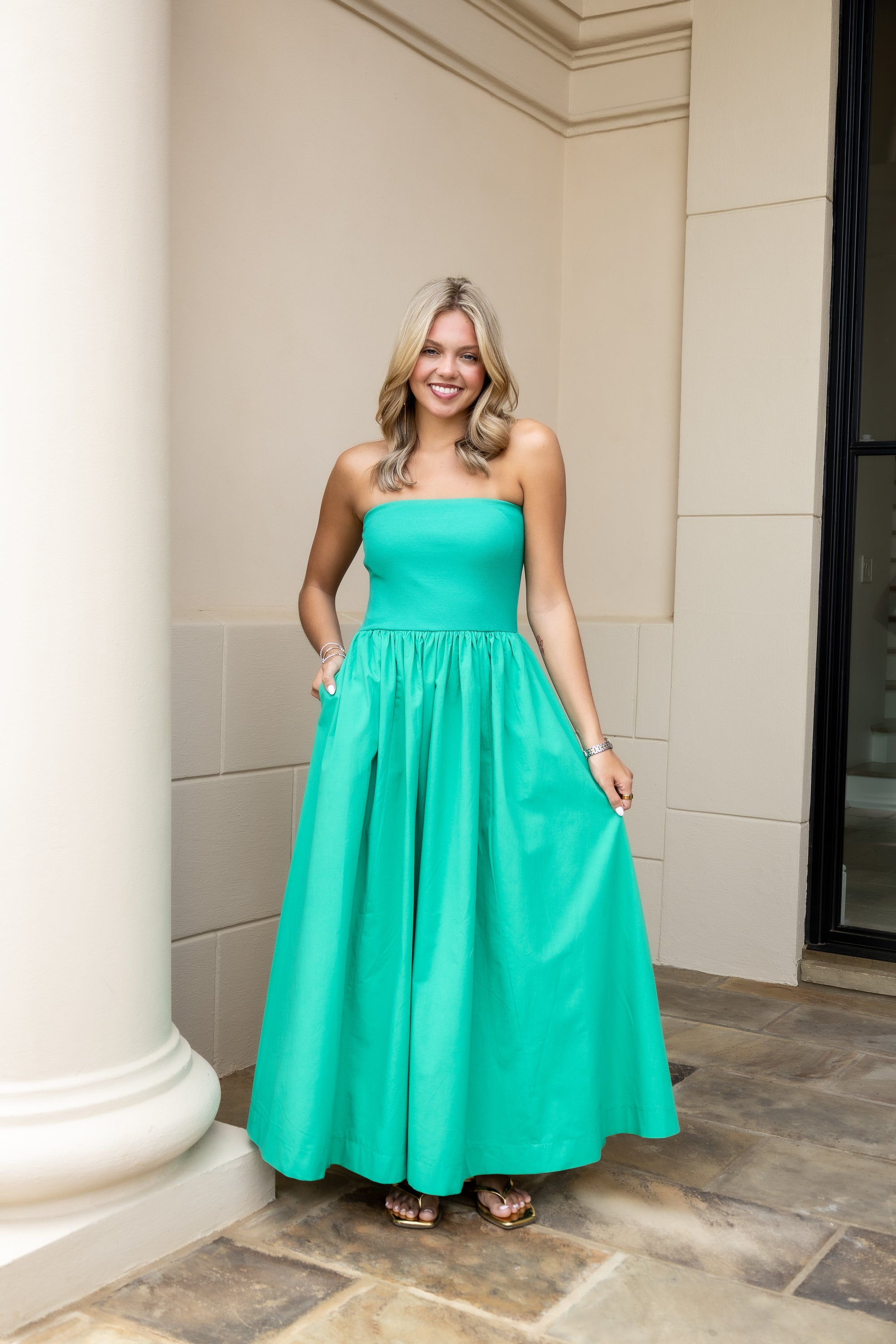 green midi strapless dress Laken Strapless Midi Dress in Emerald Mint Julep
