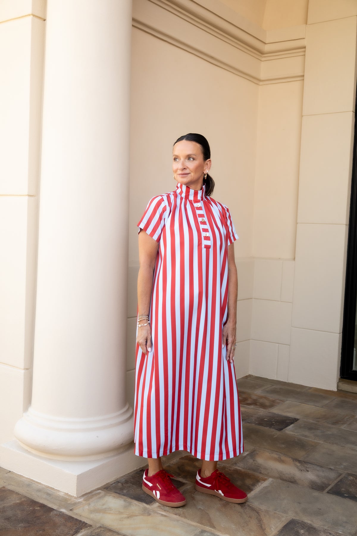 High Neck Stripe Midi Dress - Red/Blue