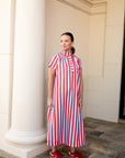 High Neck Stripe Midi Dress - Red/Blue
