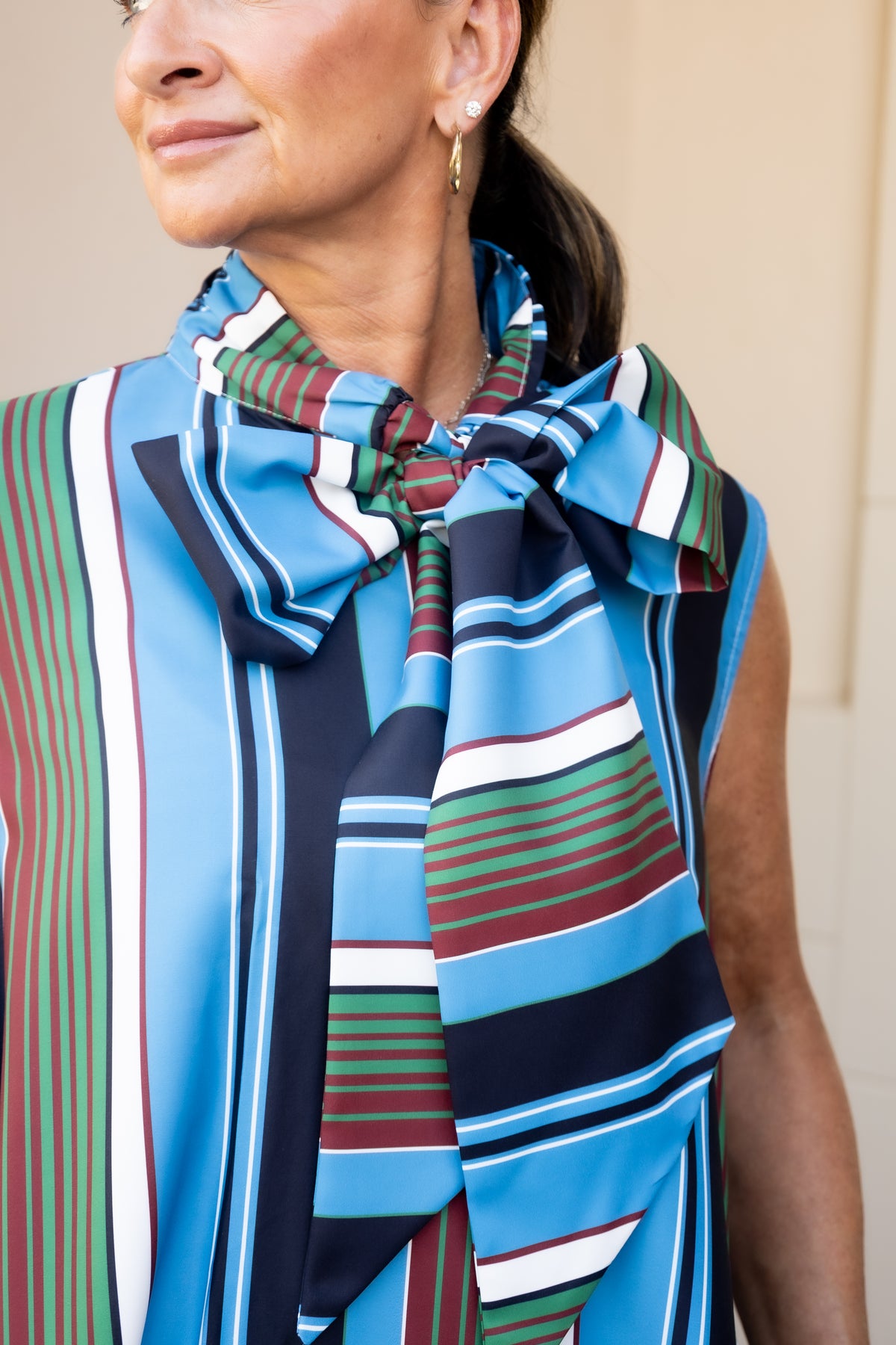 Neck Tie Sleeveless Stripe Midi Dress