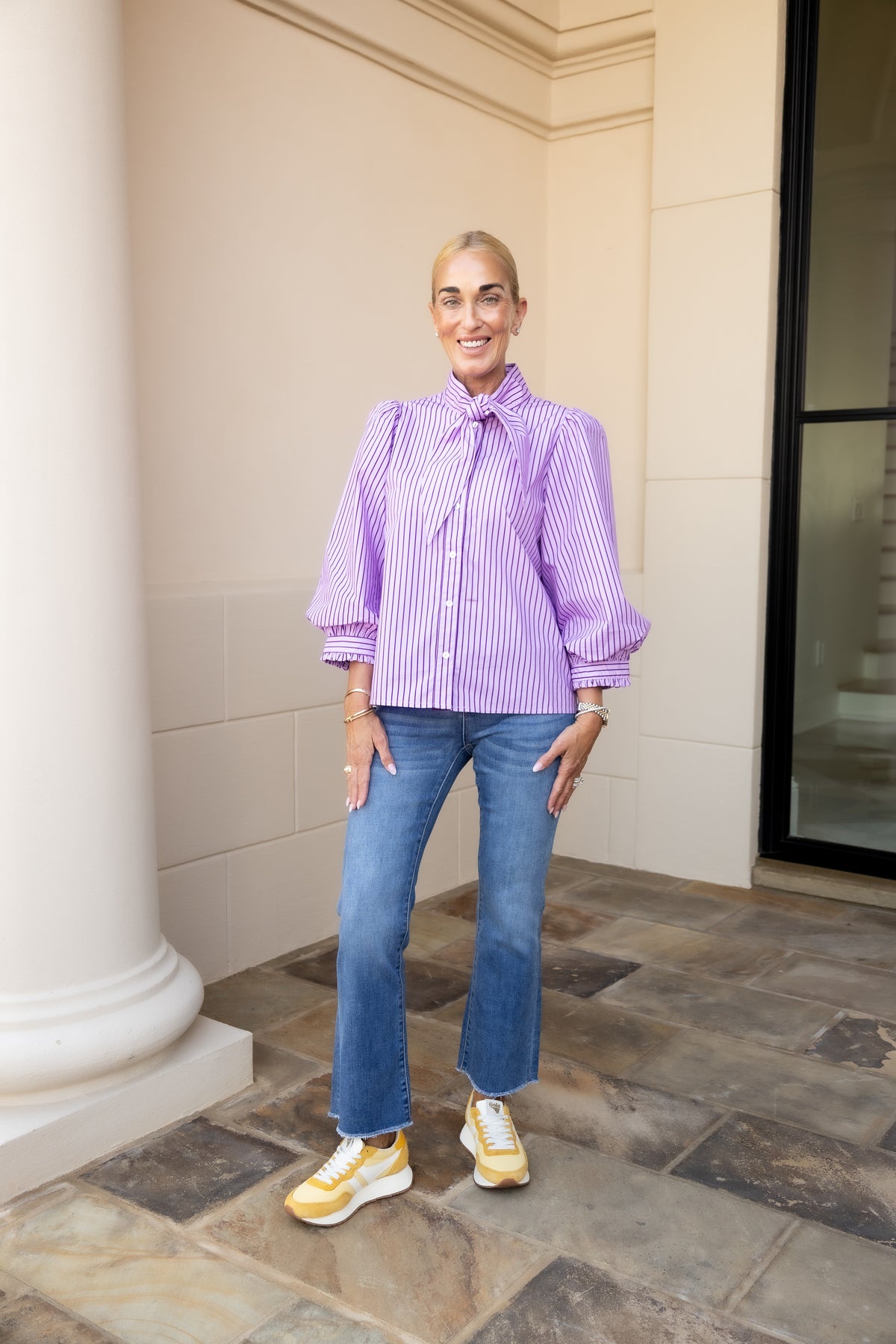Lavender Tie Neck Button Down Stripe Top