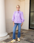 Lavender Tie Neck Button Down Stripe Top