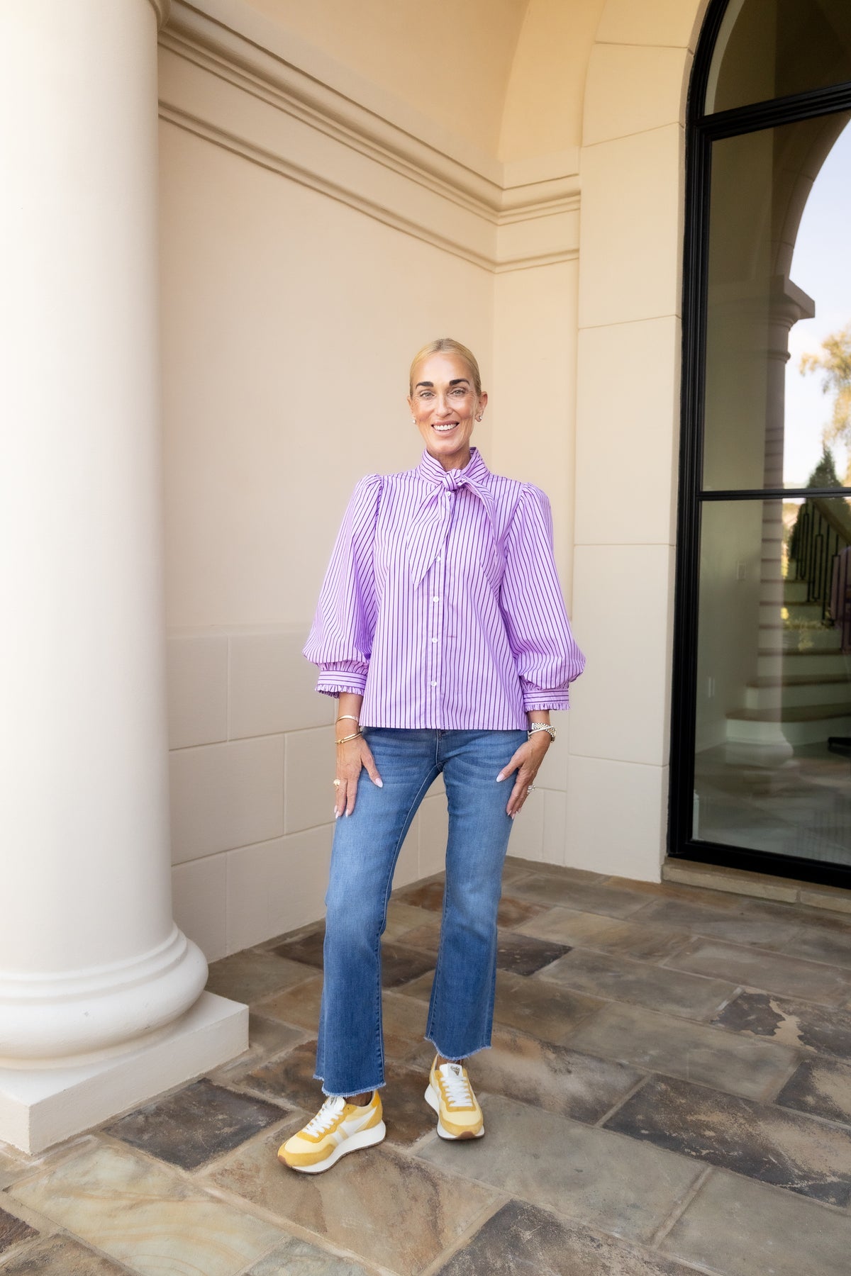 Lavender Tie Neck Button Down Stripe Top
