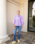 Lavender Tie Neck Button Down Stripe Top