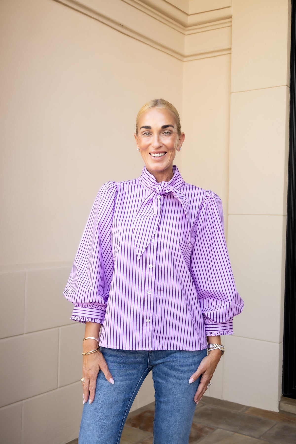 Lavender Tie Neck Button Down Stripe Top