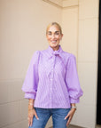 Lavender Tie Neck Button Down Stripe Top