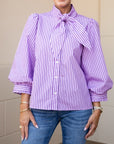 Lavender Tie Neck Button Down Stripe Top