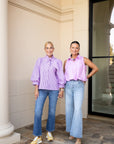 Lavender Tie Neck Button Down Stripe Top