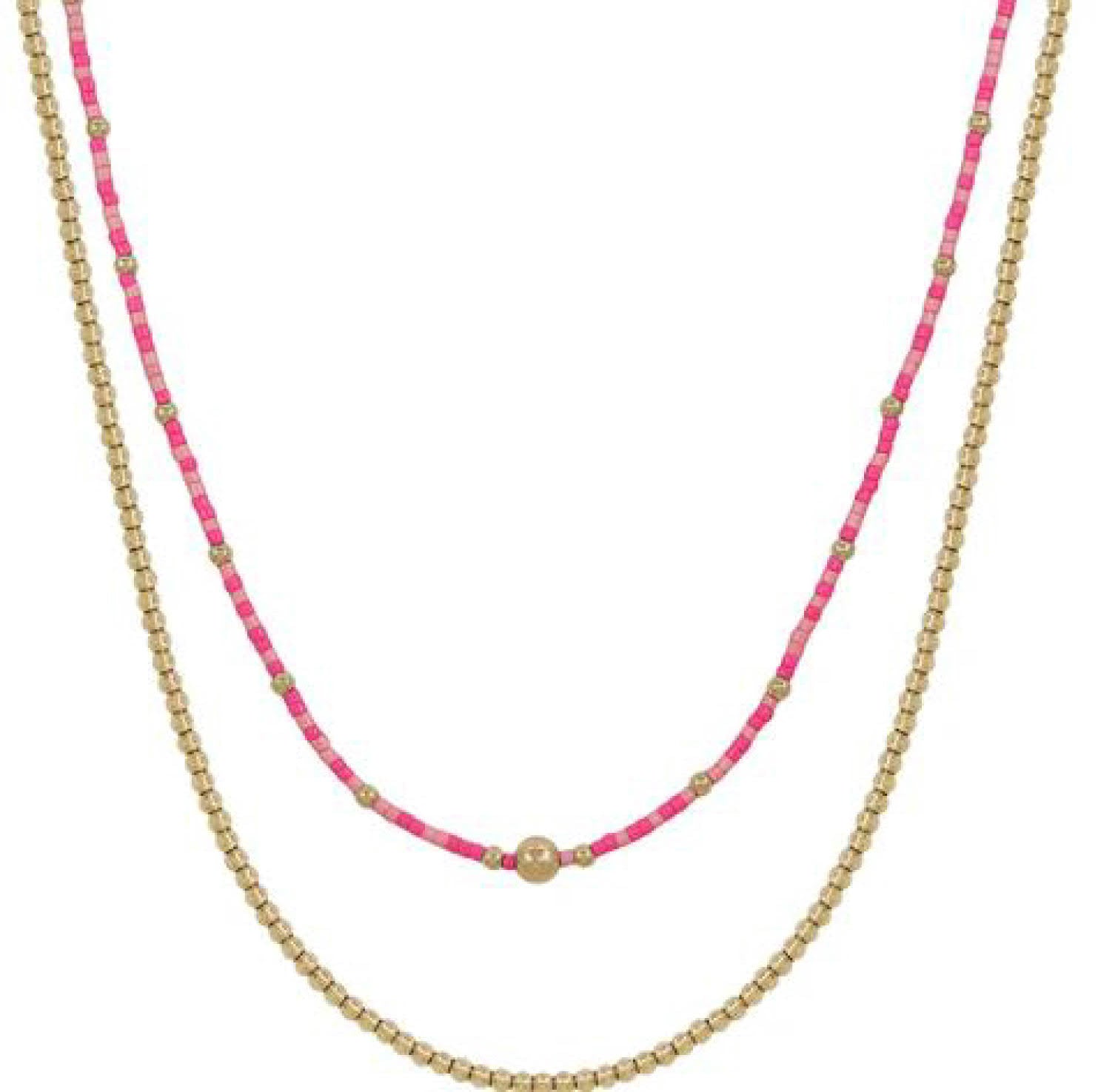 Water Resistant Gold Beaded Chain and Pink Beaded Layered 16&quot;-18&quot; Necklace