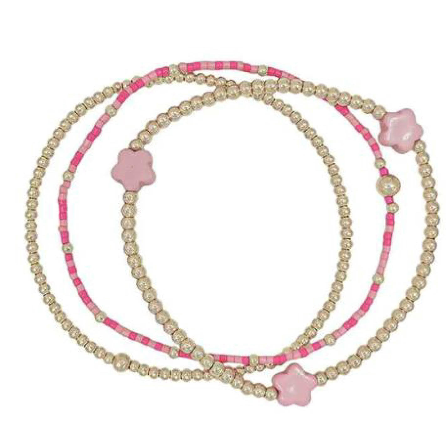 Water Resistant Set of 3 Gold Beaded, Pink Seed Bead and Flower Stretch Bracelets