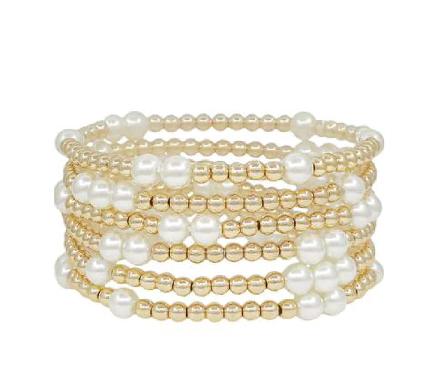 Set of 7 Gold Beaded and Pearl Water Resistant Stretch Bracelets