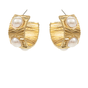 Pearl Textured Wide Open Hoops - Cream/Vintage Gold