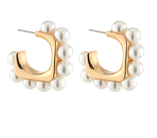 Linked Pearl Square Hoops - Gold/Cream